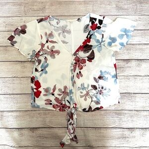 Lovestitch Red and Blue Floral Button-Down V-Neck Tie Front Blouse Size Small